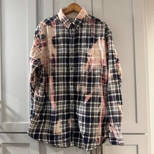 FRANKLIN FLANNELS‎ Mens XL Upcycled Bleached Plaid Long Sleeve Button Up Shirt